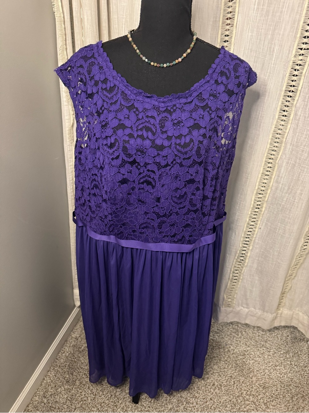 David's Bridal Purple Lace & Chiffon Knee Length Dress